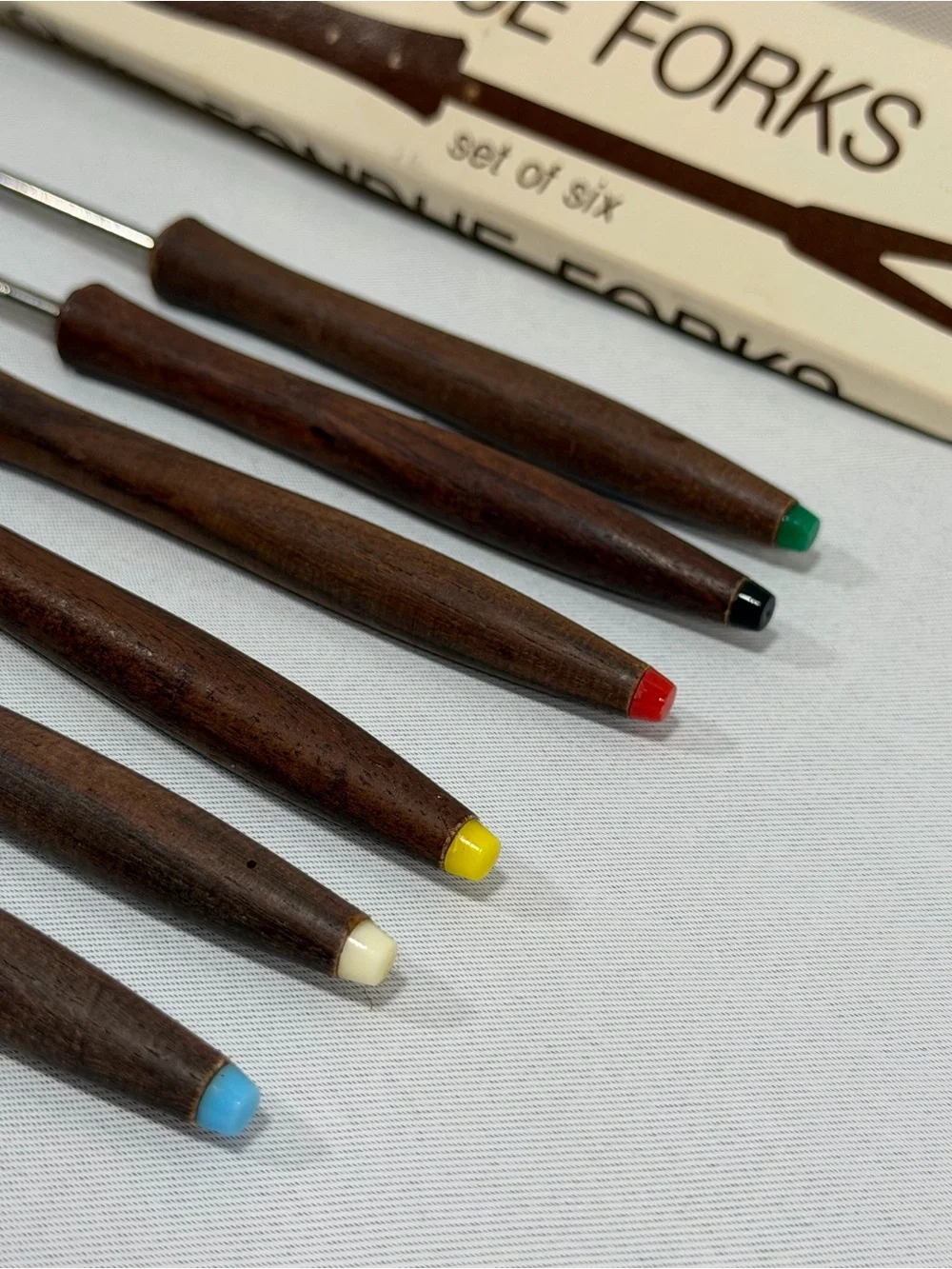 VTG Oster Fondue Forks Stainless Steel Wood Handles Color Coded Japan Set 6